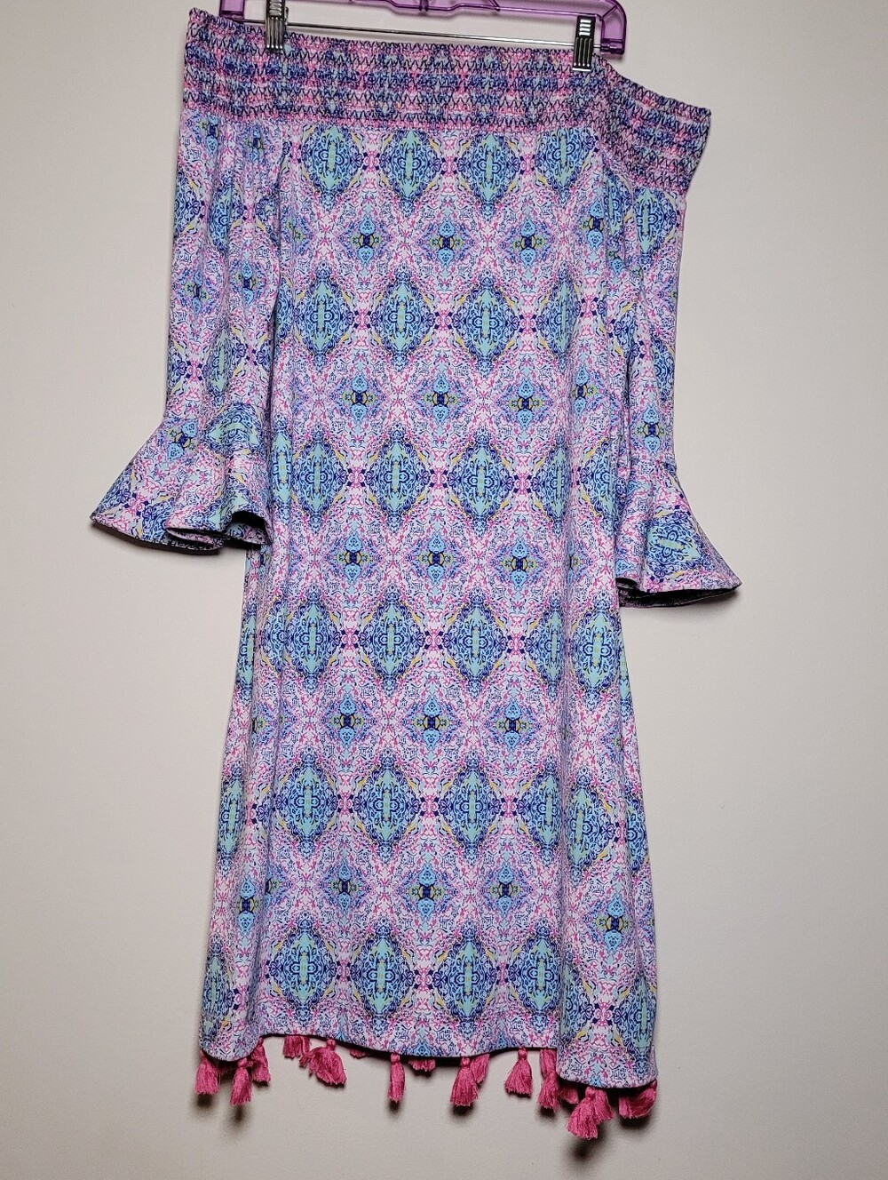 Cabana Life Off-Shoulder Tassel-Hem Dress UPF 50 Geo Print XL Beach Resort